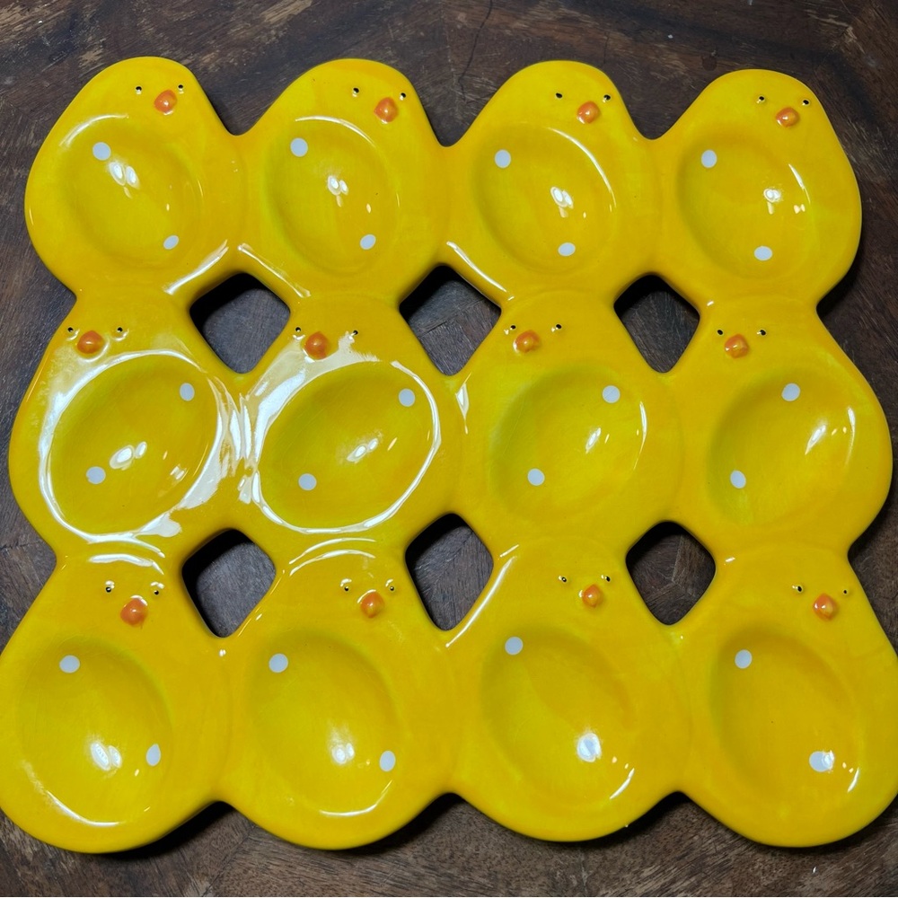 Yellow Ceramic Baby Chick Deviled Egg Tray Easter 12 Slot Serving Platter